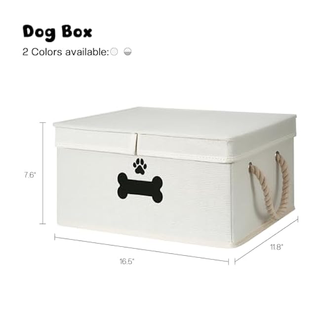 Dog Toy Basket with Double-Open Lid, Divided Dog Basket for Toys, Collapsible Pet Toy Box, Dog Storage Organizer with 2 Divided Area, Puppy Toy Baskets with Rope Handles, Beige