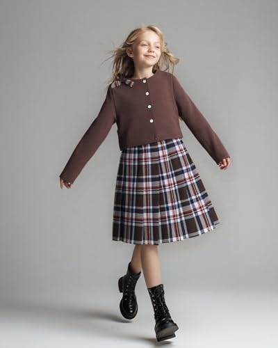 Image of PureChapter Girls' Preppy Clothes Plaid Vest Dress Cardigan Jacket Belt Cute Kids Clothes 7-14Y Green