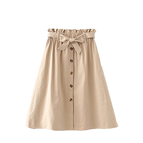 SASIGAYA Damen Baumwolle Midirock mit Hoher Taille elastischer Bund Einfarbiger Rock in A-Linie College-Stil Lässiger Rock (Beige) Cover