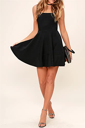Image of FANCYINN Women's Short V-Back Dress U-Neck Inslace Hem Wide Straps Tank Mini Skater Cocktail Dresses