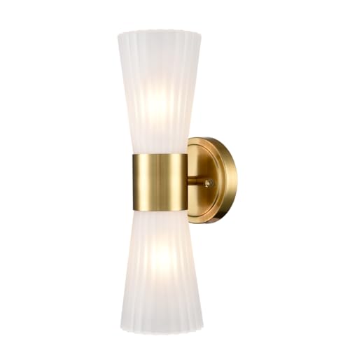 Image of Modern Wall Vanity Light Fixture Brushed Gold Wall Sconce, Adjustable Direction Up Down Wall Light with Frosted Milk White Striped Glass Shade for Living Room Bedroom Bathroom Hallway