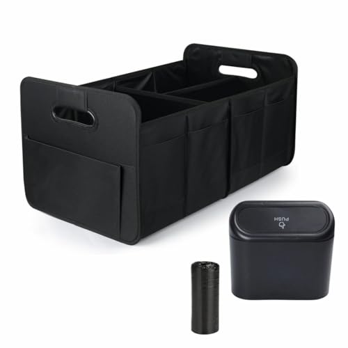SaharaMart Car Trunk Organizer with Trash Bin Foldable Multi-Compartment Storage Box with Reinforced Handles Leak-Proof Car Garbage Can with 15 Poly Bags for SUV Car & Truck (Black)