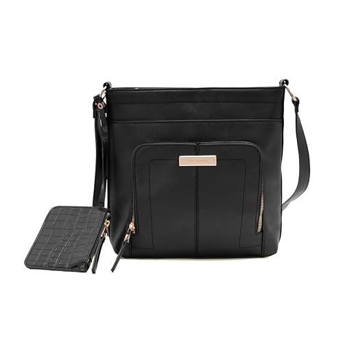 Crossbody Bag for Women Black PU Leather Square Multi-pocket Shoulder Fashion Message Bag wih Mini Zipper Wallet Purse