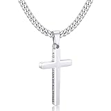 Gnamy Cross Necklace for Men Boys, Silver Stainless Steel Bible Verse Cross Pendant Cuban Link Chain Valentines Easter Basket Stuffers Christian Religious Baptism Jewelry Gifts for Him Teen Teenage Kids Son Age 8-12