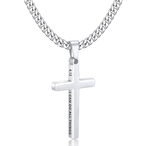Gnamy Cross Necklace for Men Boys, Silver Stainless Steel Bible