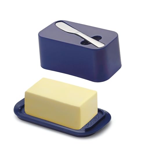 Evanda Plato de mantequilla con tapa para encimera y estante de la puerta del refrigerador con cuchillo untador de mantequilla, contenedor de bandeja de plástico para soporte de mantequilla