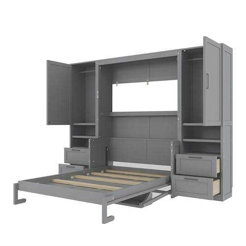 Image of Merax Full Size Murphy Bed with Desk, Closet, Drawers and Shelves, Multifunctional Foldable Wood Platform Bed Frame for Small Spaces Studio Study Office Guest Room, Space-Saving Design, Gray