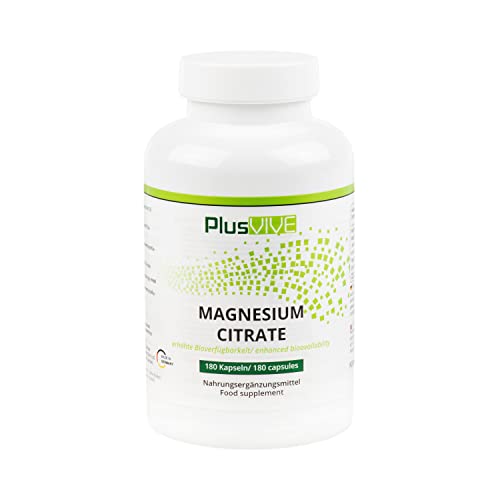 Plusvive Magnesiumcitrat hochdosiert 2250 mg davon 360mg elementares Magnesium je Tagesdosis, 180 Kapseln, Vegan und Laborgeprüft