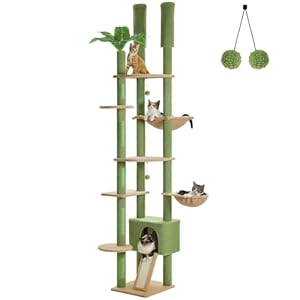 PEQULTI Tall Cat Tree, Floor to Ceiling Cat Tree Tower Adjustable [90.5”~100.4”=230~252CM] with Cat Condo, Cat Hammock and Scratching Post, Cat Climbing Tree for Indoor Large Cats, Green