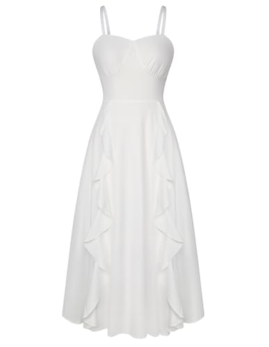 Image of Belle Poque Sun Dresses for Women Spring Summer Floral Midi Flowy Spaghetti Ruffle Wedding Guest Tea Party Dress