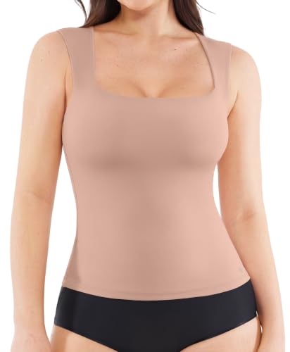 Image of Popilush Tank Tops for Women Square Neck Shapewear Tummy Control Shirts Sleeveless Basic Double Lined Going Out Top