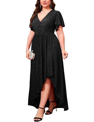 ZOMVA Plus Size 1X-4X Sparkly Glitter Formal Maxi A Line Dress Sparkle Wrap Ruffle Sleeve Prom Dresses Cocktail Evening Gown