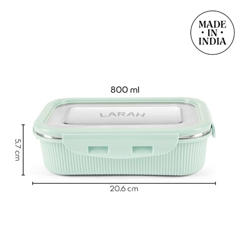 Image of Larah by BOROSIL Freshbyte Food Storage Container with Airtight Stainless Steel Lid | Fridge Container for Lunchbox | Food Grade | Microwave Safe (Green, 800 ml, Rectangular)