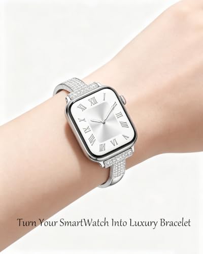 Image of VISOOM Silver Apple Watch Bands Iwatch Bracelet for Women 42 /41 /40 /38mm, Jewelry Metal T-Shaped Bands for Dressy Apple watch Series SE 11 /10 /9 /8 /7~1 Band Thin Slim Fancy Bling Women On Daily /Gift