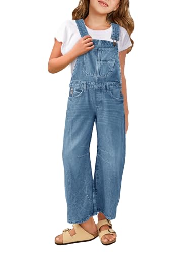 Haloumoning Girls Denim Overalls Kids Sleeveless Wide Leg Jumpsuit Bib Overall with Pockets 4-14 Years