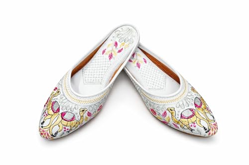 Image of Women's Ethnic Embroidered Jutti | Off-White Traditional Slip-On Mojari with Camel Motif Embroidery | Comfortable Ethnic Wear