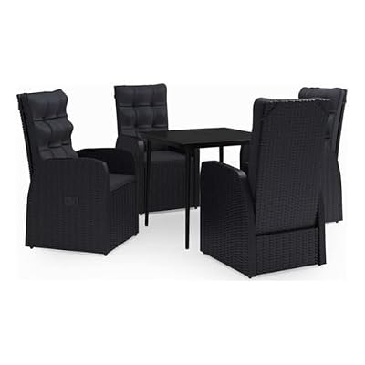 Afuera Living 5-Piece PE Rattan Patio Dining Set, Powder-Coated Steel Frame, Black Finish, Glass Top Table, Cushioned Chairs, Modern Space-Saving Design for Outdoor Garden, Patio, or Balcony Dining