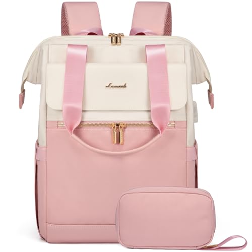 Image of LOVEVOOK Laptop Backpack for Women, 15.6 Inch Work Laptop Bag with USB Port, Fashion Teacher Nurse Backpack Purse, Waterproof Travel Computer Backpack with Organizer Bag, 2PCS, Beige-Pink