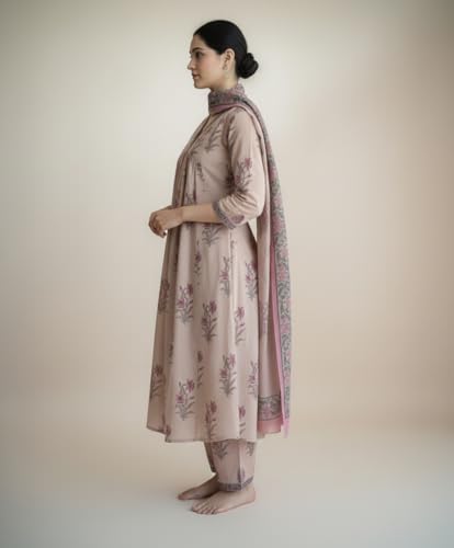 Image of ANNI Designer Women Rayon Viscose A-Line Embroidered Kurti Set with Pant and Dupatta | 3 /4 Sleeve | V-Neck | Ethnic Wear Kurta Set for Women