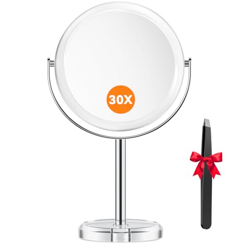 Image of Auxmir 30X Magnifying Mirror with Tweezers, 6.8 Inch Double Sided 30X /1X Magnifying Makeup Mirror with Stand, 360 Rotation Bathroom Vanity Mirrors for Bathroom, Dressing Table, Desktop, Bedroom