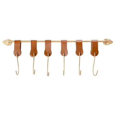 100 North Wall Mounted S-Hooks, Gold/Brown 20 x 6.25 Inches Metal/Leather Hanging Coat Rack Cover