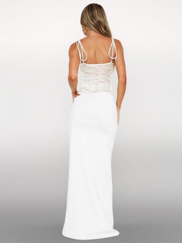 Image of Women's Lace Splicing Cutout Maxi Dress Square Neck Sleeveless Bodycon Long Dress with Sheer Corset