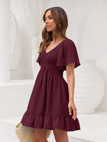 Image of LILLUSORY Women's Flowy Casual Mini Dresses 2026 Summer Graduation Smocked V Neck Vacation Dress Dress with Pockets