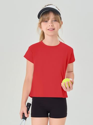 Haloumoning Girls Loose Athletic Shirts Short Sleeve Crop Tops Kids Quick Dry Gym Yoga Tees 5-14 Years3