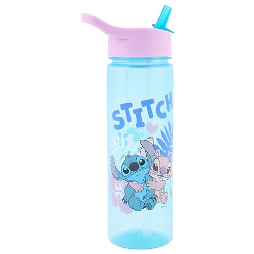 Disney Polar Gear Stitch Water Bottle with Flip Up Straw 600ml Official Merchandise Kids Reusable Non Spill Polypropylene - BPA Free - Ideal for School Nursery Sports Picnic