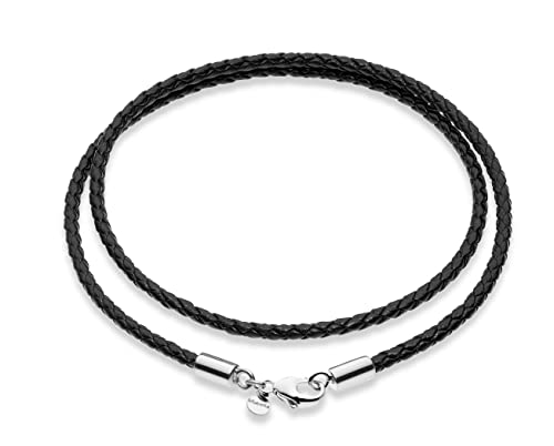 Miabella Genuine 3mm Black Braided Italian Leather Cord Chain Necklace for Men Women with 925 Sterling Silver Clasp, Made in Italy
