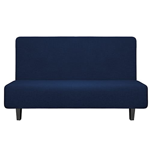 Image of Easy-Going Stretch Medium Futon Slipcover Armless Futon Cover Navy | Sofa Bed Furniture Protector Without Armrests with Elastic Bottom for Kids, Soft Jacquard Machine Washable