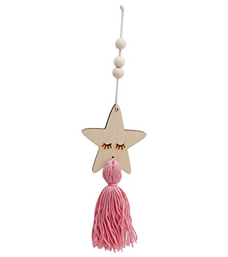 ZOONAI Bonita estrella de madera con borla para decoración del hogar, decoración de habitación de niños, colgante para colgar en la pared (rosa) Cover