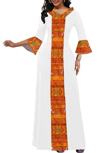 FANDEE Elegant Maxi Long V-Neck Casual Dress for Women, Bell Sleeve African Print Dresses for Cocktail Party（M-3XL）