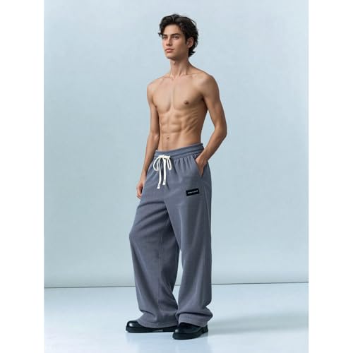 Mokaloha Corduroy Pants, Men's Daily Casual Pit Strip Corduroy Fabric Embroidery Logo Tether Loose Elastic Waist Pocket Pants4