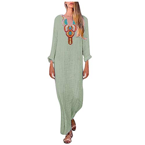 Vestido de Camisa de Estilo Retro para Mujer Vestido de Lino de Algodón Estampado de Estilo éTnico de Manga Larga con Cuello en V Falda Suelta Falda Larga de Caftán Cover