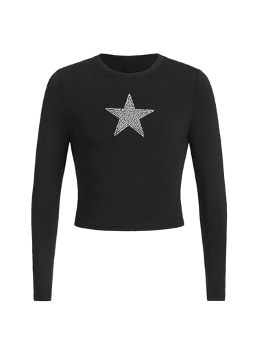 WDIRARA Girl's Rhinestone Star Pattern Tee Long Sleeve Round Neck Slim Fit T Shirt