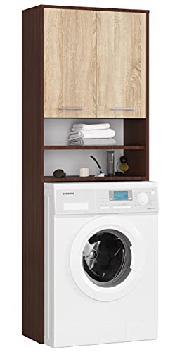 Armadio Pensile Per Lavatrice AKORD - 64x180x30 Cm, 2 Ante E 2 Ripiani Aperti, Colore Bianco/Rovere Sonoma, Peso 30 Kg, Per Ottimizzare Lo Spazio In Bagno/Lavanderia