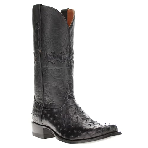 Vaccari Men's Henry Genuine Black Full Quill Ostrich Leather Narrow Square Toe Cowboy Boots - 8 D