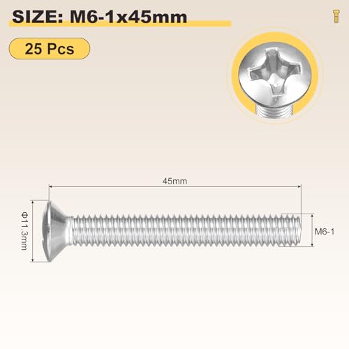 Image of METALLIXITY Semi-Countersunk Oval Head Machine Screws (M6-1x45) 25Pcs, 304 Stainless Steel Phillips Cross Recessed Machine Screw Bolts - for Furniture Assembly DIY Projects, Silver