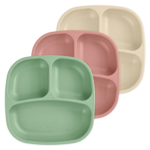 Image of Re-Play Toddler Plates with Dividers - Deep-Walled 3 Compartments Divided Plates for Kids - Dishwasher & Microwave Safe - Made in USA - Set of 3-7.37" x 7.37" x 1.25" - Desert Sands