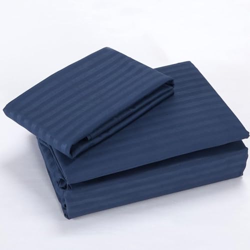 Image of BSB HOME 210 TC Premium Glace Cotton Striped /Lining Plain Bedsheet for Double Bed King Size with 2 Pillow Covers for Home-Hotels-Guest House-Blue