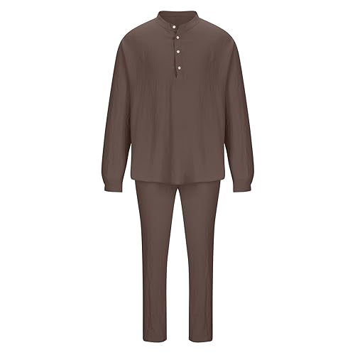 Cotton Linen Sets for Men 2 Piece Button Down Shirt Long Sleeve Drawstring Waist Pants Fall Fashion Outfits 20233