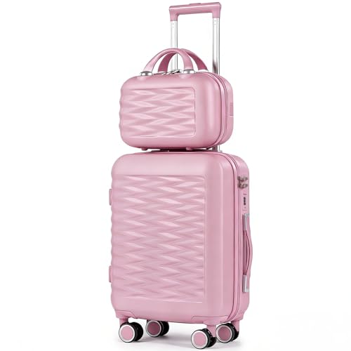 H.yeed 20 Inch Cabin Suitcase with 12 Inch Vanity Case Lightweight ABS Hard Shell Suitcase Trolley Luggage Travel Case with Spinner Wheels (Pink 2 pc Set)