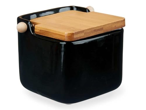 Vessia - Ceramic Salt Pot With Hinged Bamboo Lid, Practical Kitchen Jar and Vessel, Black Container