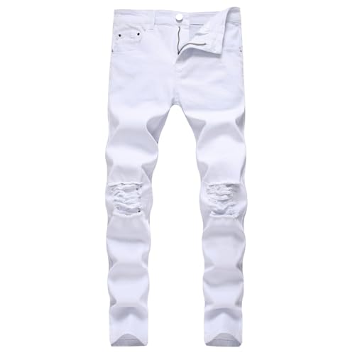 Jeans Pants Trousers Denim Men Stretch Slim Fit Street Trendy Punch Black and White Tight Casual Tapered Small Leg(White,33)2