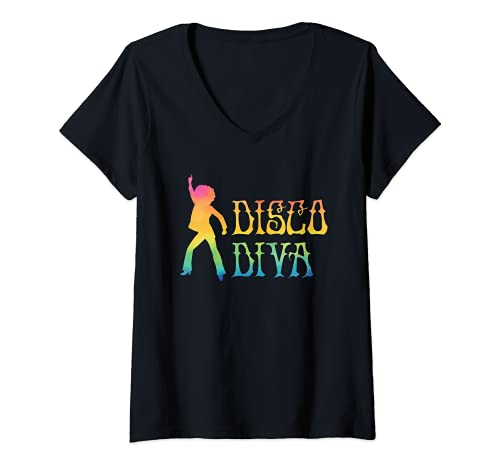 Mujer Disco Diva Bailando Retro Disco Diva 70s Bailarín Fiesta 80s Camiseta Cuello V