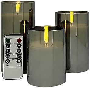 Set Of 3 Grey Glass Flameless Candles With Remote - Real Wax Battery LED Pillar Candles