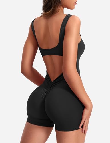 YEOREO One Piece Workout Jumpsuits for Women Backless Tummy Control Sleeveless Jumpsuits Lizvette V Back Scrunch Yoga Romper