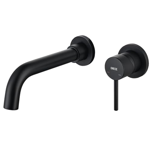 ONECE Grifo de Lavabo Negro Montado en la Pared, Grifería Baño de Latón, Mezclador Monomando Empotrado, Función Frío y Caliente, Rotación de 360°, Aireador Extraíble