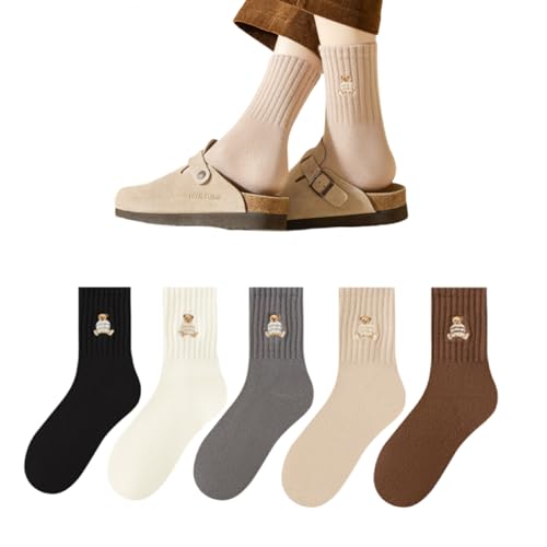 AKAMAS 5 pares de calcetines de algodón de dibujos animados para mujer, bonitos calcetines con patrón de bordado de animales, calcetines casuales para mujer, calcetines deportivos, varios colores